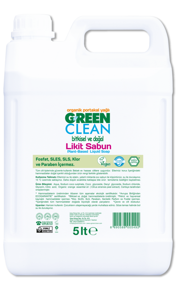 Bitkisel ve Doğal Likit Sabun | Organik Portakal Yağlı, 5lt | U Green Clean